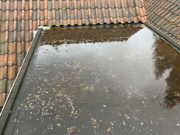 Vóór het werk: plat dak tussen pannendaken volledig onder water met blad en vuil