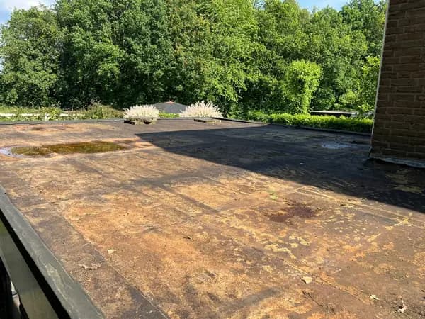 Vóór het werk: verweerde bruine dakbedekking met plas water op een groot plat dak, Maasdijk